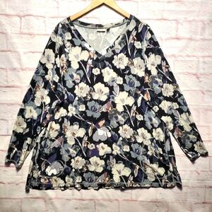 LOGO Lori Goldstein Shirt Womens 3X Black Floral Tunic Pockets Casual Artsy Chic